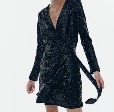 Black Sequin Wrap Dress
