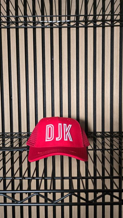 B129 DJK Outline Logo Red/white Cap Brand New
