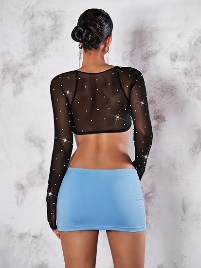 Immagine di Black Mesh Long Sleeve Crop Top With Rhinestones And Light Blue Mini Skirt 4