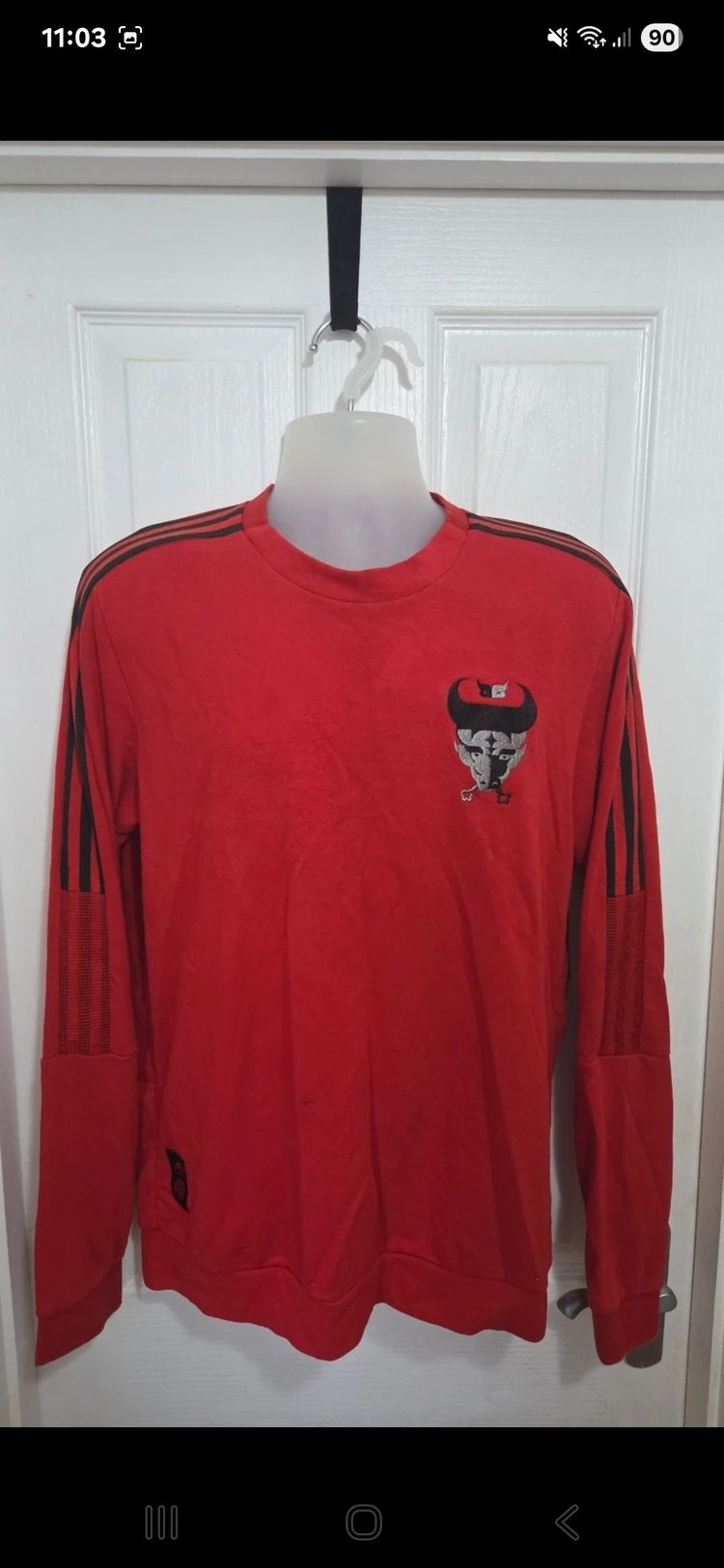 Adidas FC Bayern Red Long Sleeve Shirt With Black Stripes image 1