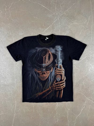 Black Graphic T-Shirt With Skeleton Cowboy And Gun Print