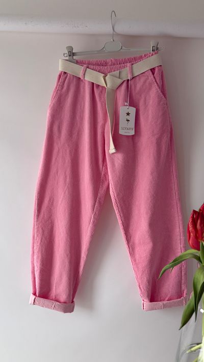 Livan'S Pink Corduroy Pants With Belt spodnie balony bawełna sztruksowe