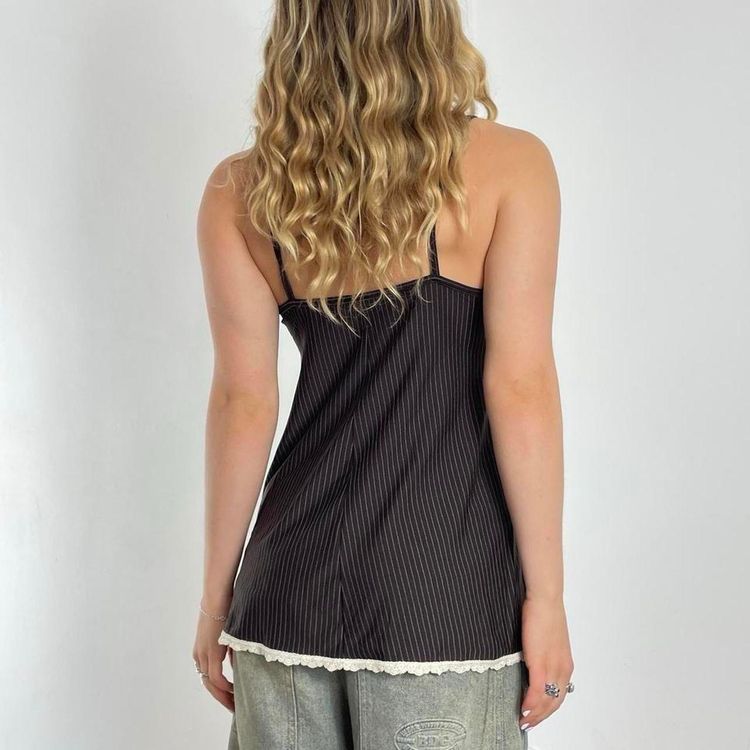 Black Pinstripe Camisole Top With Lace Trim 2