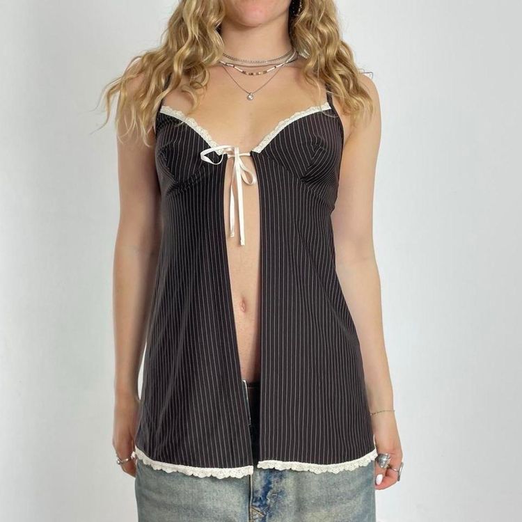 Black Pinstripe Camisole Top With Lace Trim