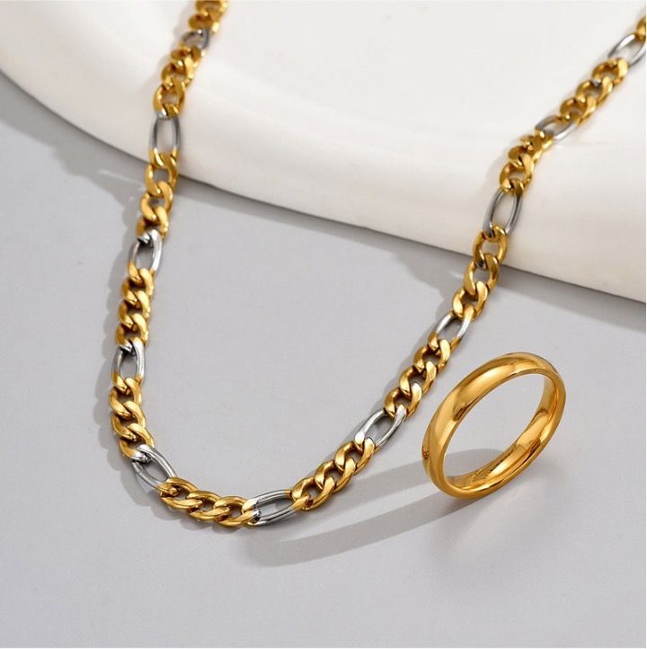 Gold And Silver Chain Necklace And Gold Ring Set image 1