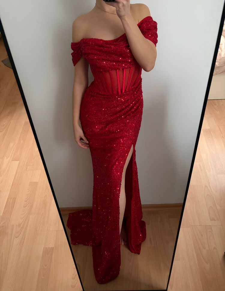 Other Czerwona wieczorowa sukienka cekiny gorsetowa wycięcie na nogę rozmiar M product image