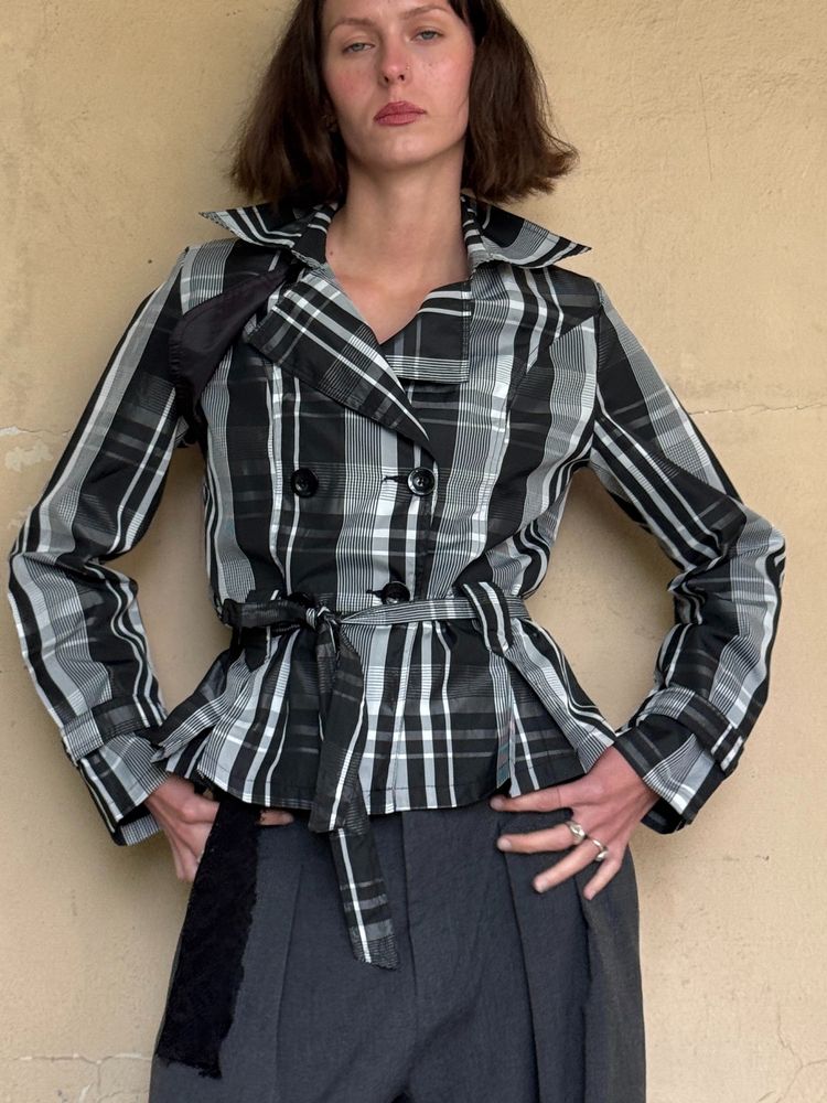 black and white plaid belted jacket