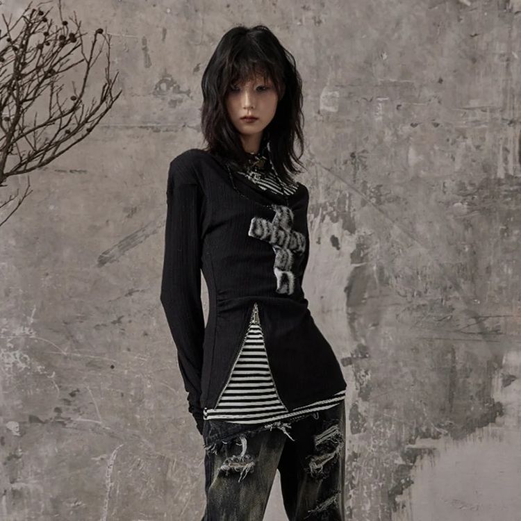 Black Long Sleeve Top With Leopard Print Cross And Striped Details image 1