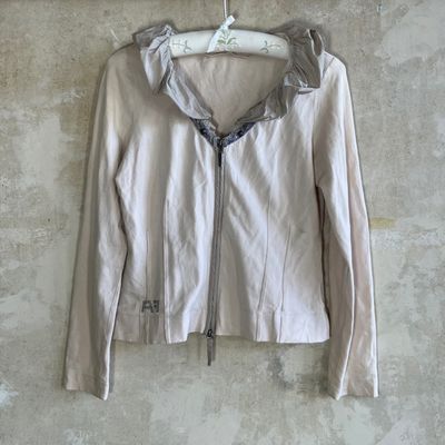 Light Beige Zip-Up top With Ruffled Collar