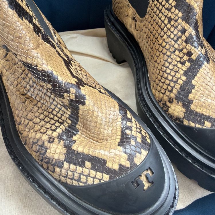 Tory Burch Brown Snakeskin Print Leather Ankle Chelsea Boots Uk 4 Chunky Sole BN image 2