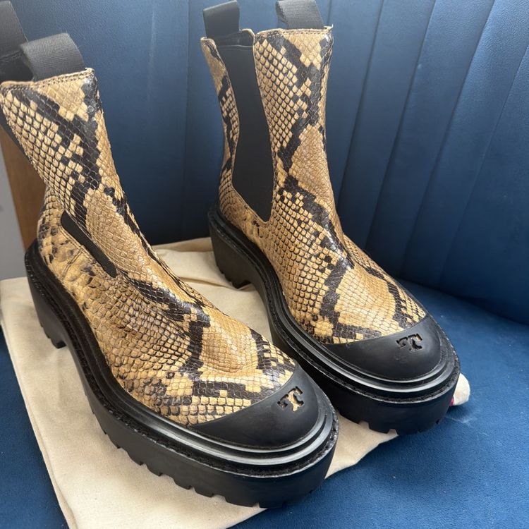 Immagine di Tory Burch Brown Snakeskin Print Leather Ankle Chelsea Boots Uk 4 Chunky Sole BN 1