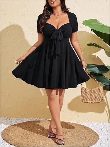 Black Short Sleeve Dress With Front Bow image 1