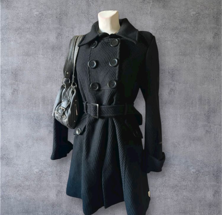 Other Wełniany czarny płaszcz damski trencz  black double-breasted coat with belt product image