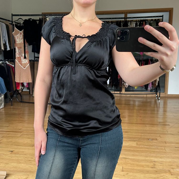 Black Satin Short Sleeve Blouse size 10/12 