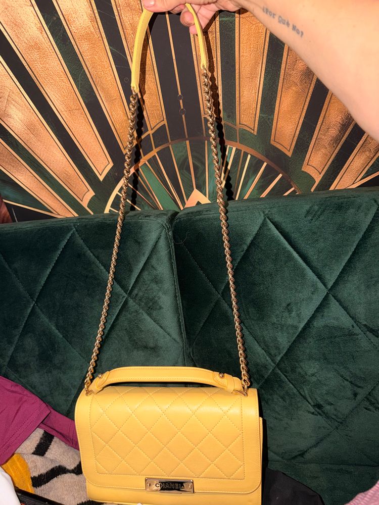 Chanel Yellow Quilted Leather Handbag full set with authenticity card, dusty and box image 9