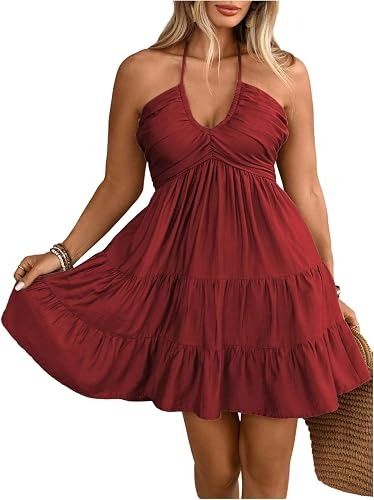 Red Halter Neck Tiered Dress imagen 3