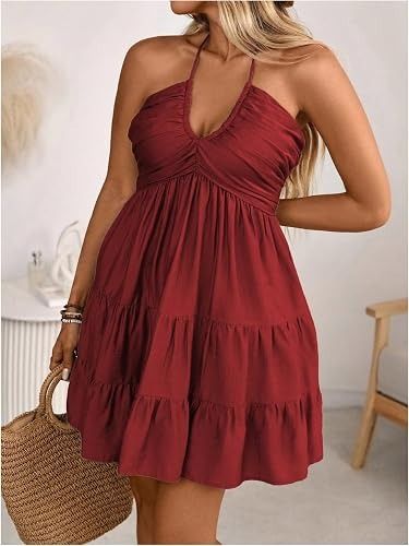 Red Halter Neck Tiered Dress imagen 2