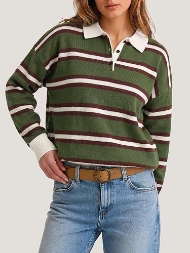 Green Striped Rugby Sweater With White Collar