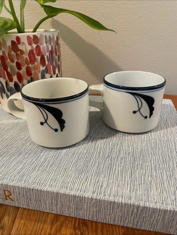 White Ceramic Mugs With Black Floral Design image 1