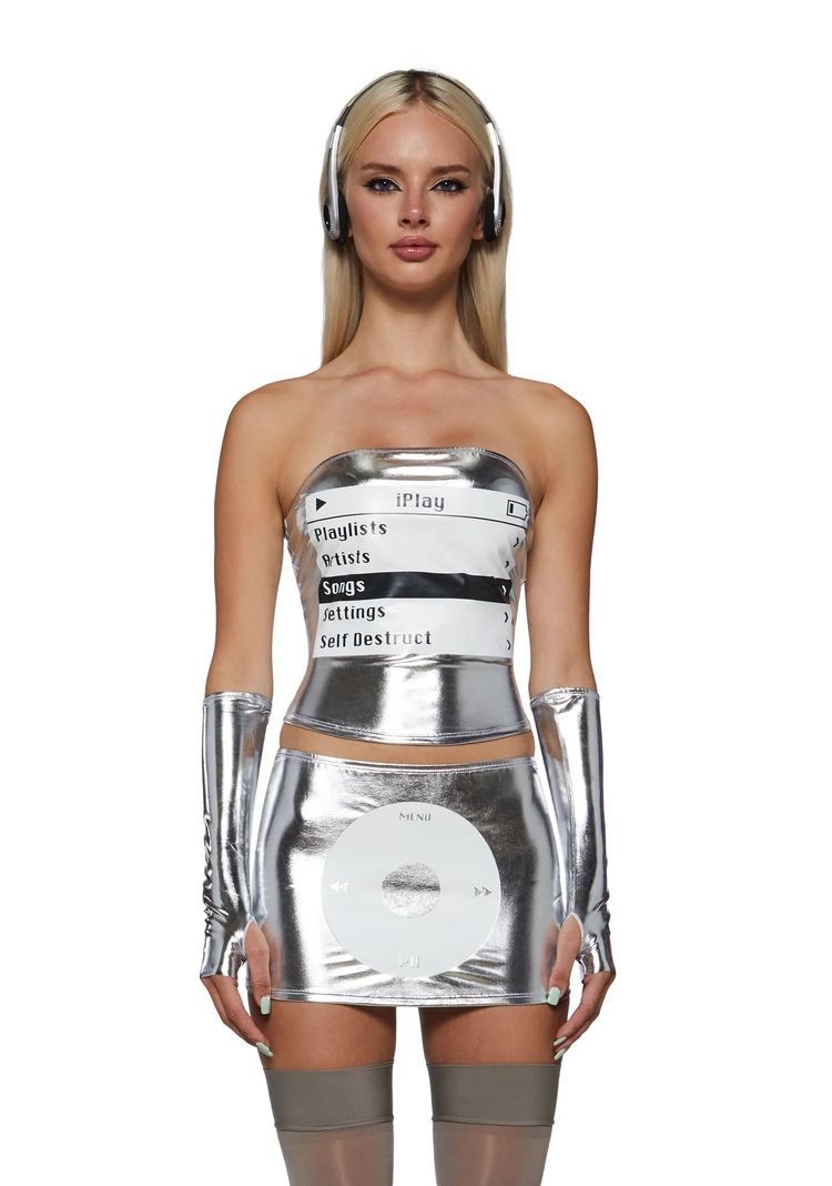 Set Silver Metallic Tube Top And Mini Skirt Set With Gloves product image