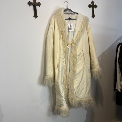 Cream Long Coat With Fur Trim