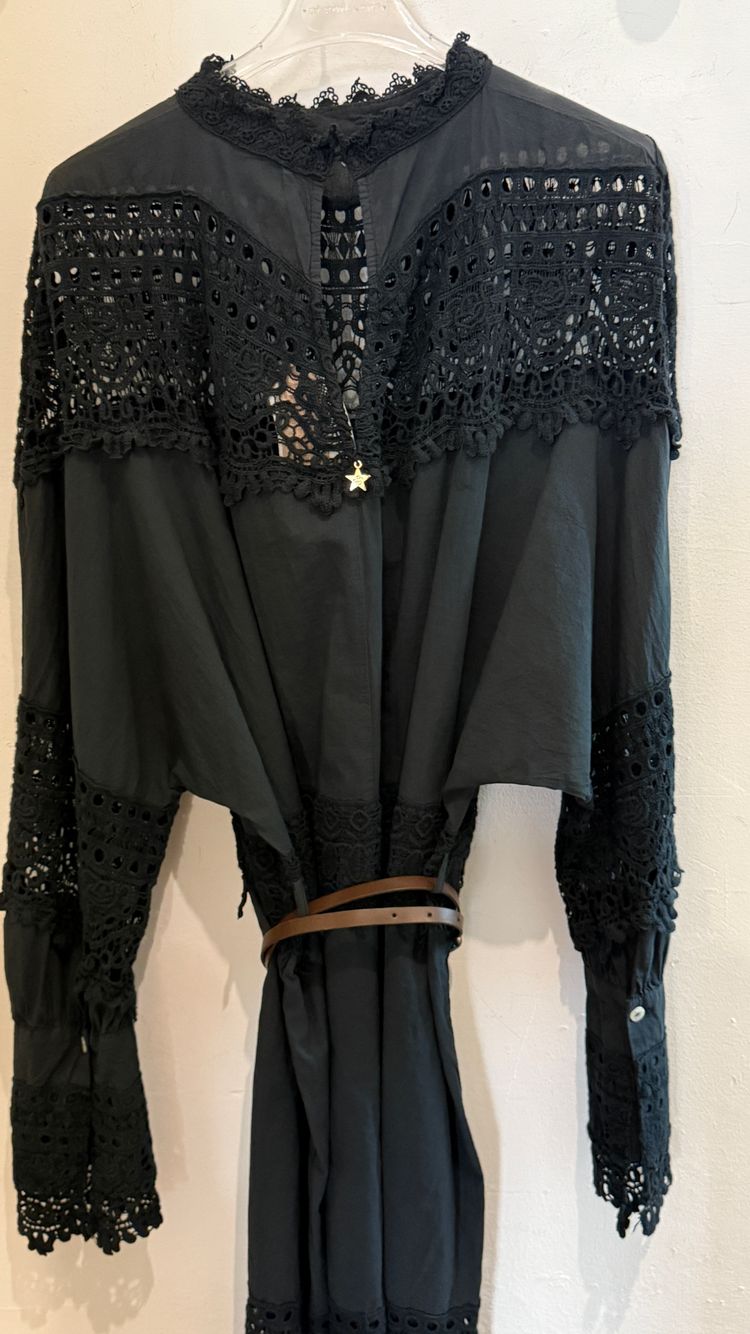 Black Long Sleeve Dress With Lace Details And Belt image 7