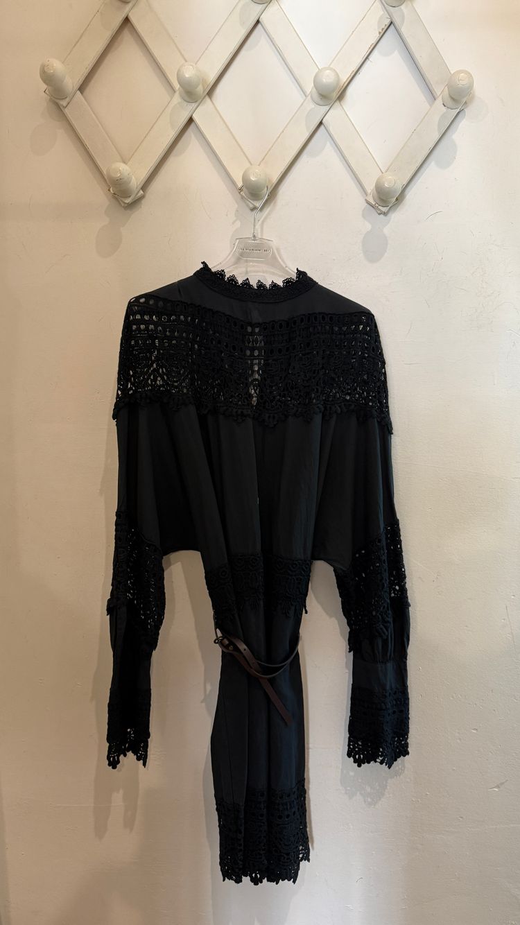 Black Long Sleeve Dress With Lace Details And Belt