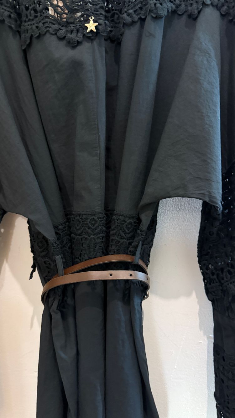 Black Long Sleeve Dress With Lace Details And Belt image 4