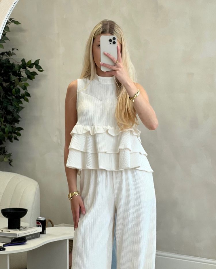 Cream  sleeveless tiered ruffle top and matching pants set