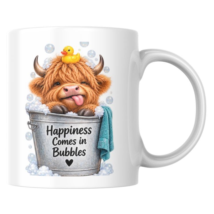 Happiness Comes in Bubbles Highland Cow Ceramic Coffee Mug – Cute Bubble Bath Farm Animal with Rubber Duck & Tongue-Out Tea Cup Gift (M1225)