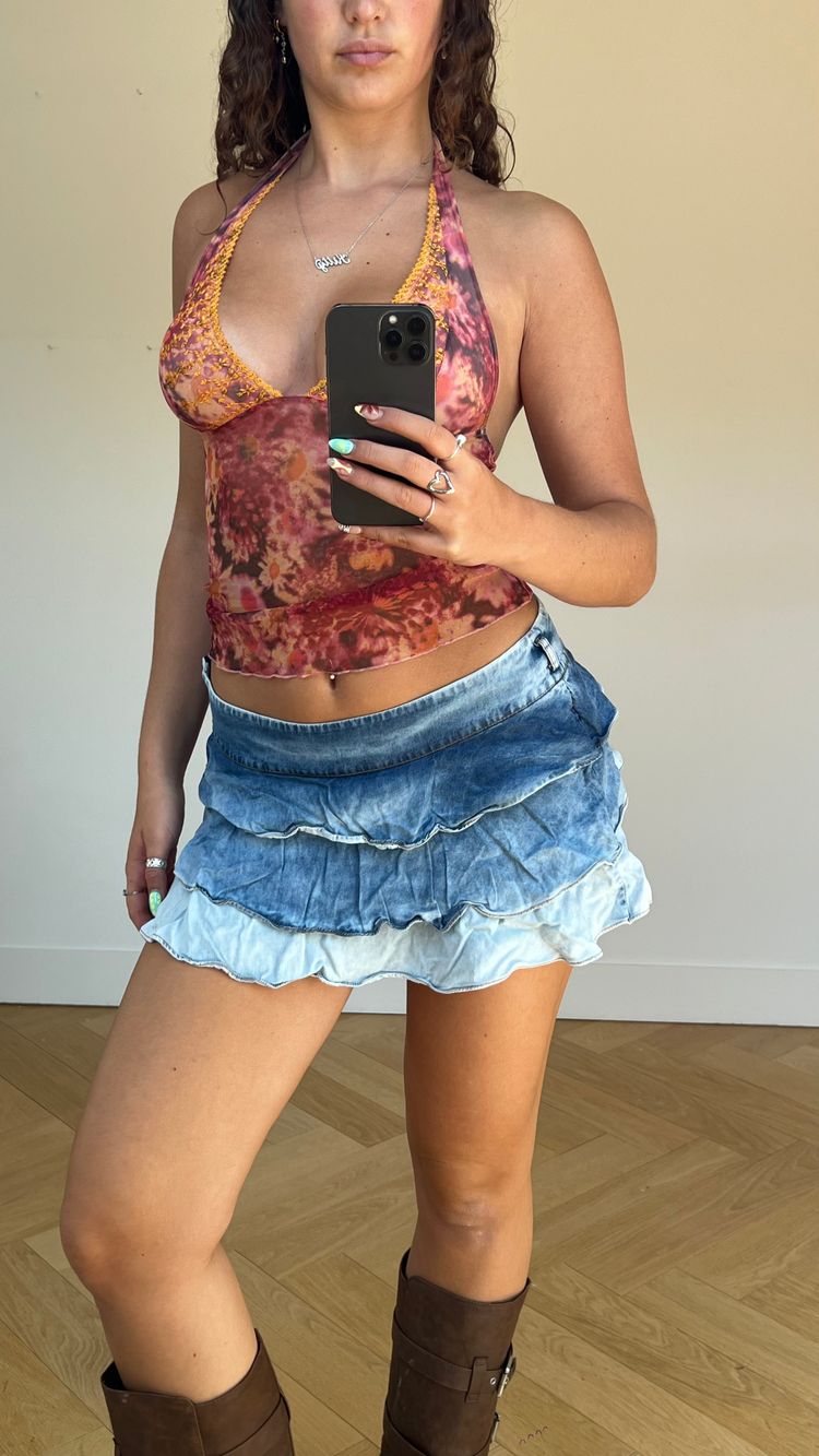 00s denim ruffle mini skirt- size M image 1