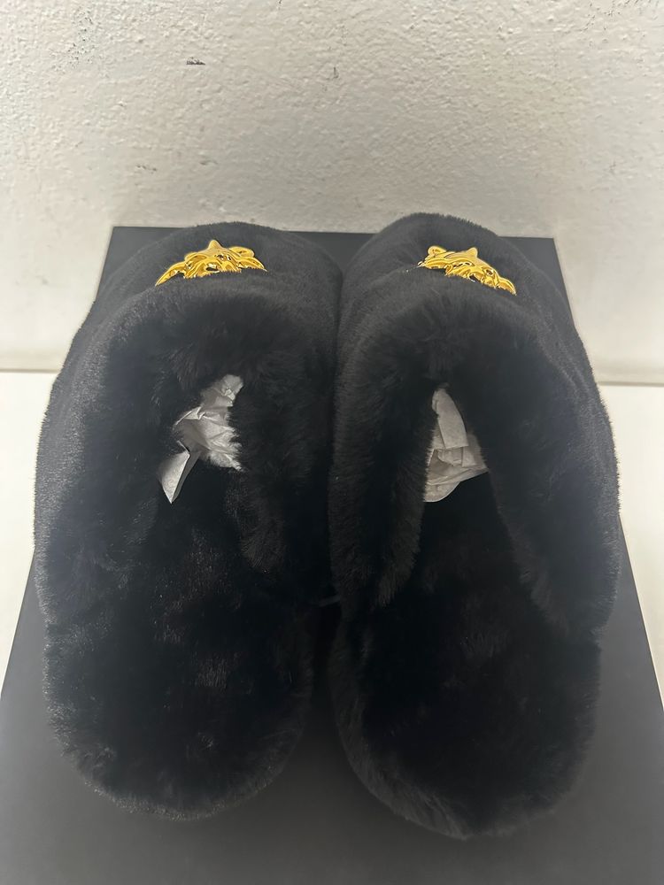 Versace Black Faux Fur Slippers With Gold Medusa Logo image 6