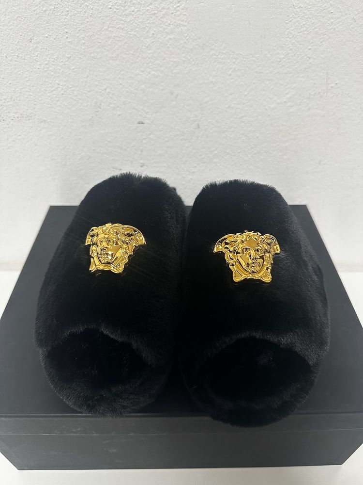 Versace Black Faux Fur Slippers With Gold Medusa Logo image 2