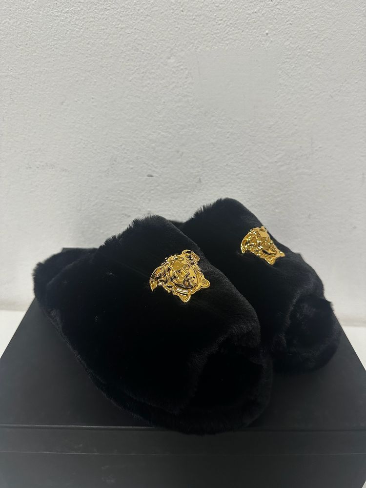 Versace Black Faux Fur Slippers With Gold Medusa Logo