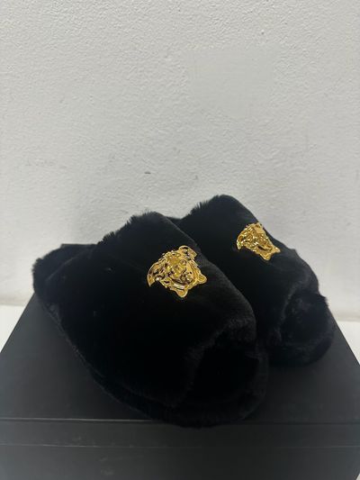 Versace Black Faux Fur Slippers With Gold Medusa Logo