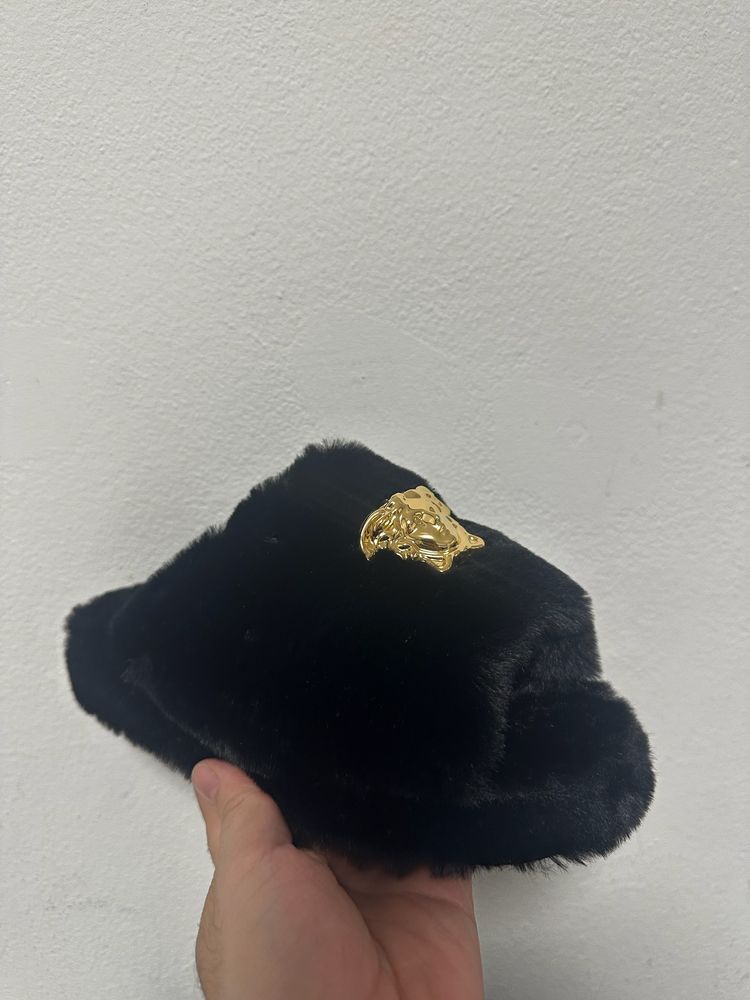 Versace Black Faux Fur Slippers With Gold Medusa Logo image 3