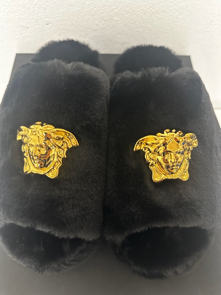Versace Black Faux Fur Slippers With Gold Medusa Logo image 5