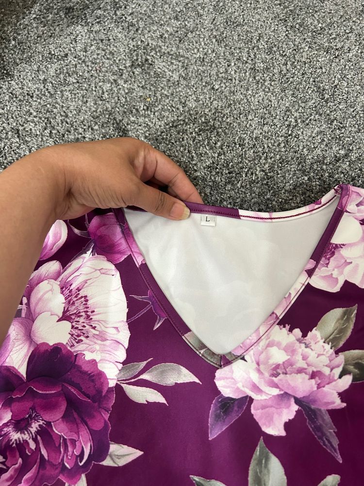 Purple Floral V-Neck Dress With Slit 5