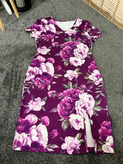 Purple Floral V-Neck Dress With Slit