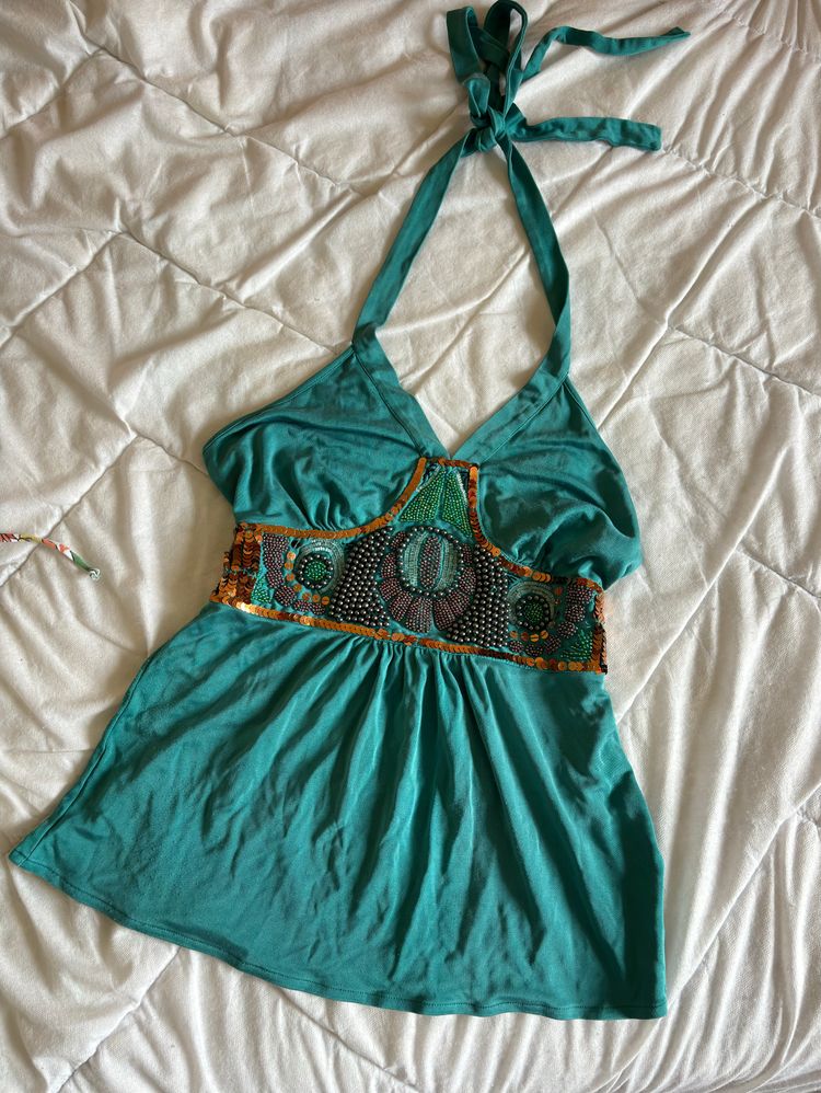 Warehouse Green Halter Top With Beaded Detail