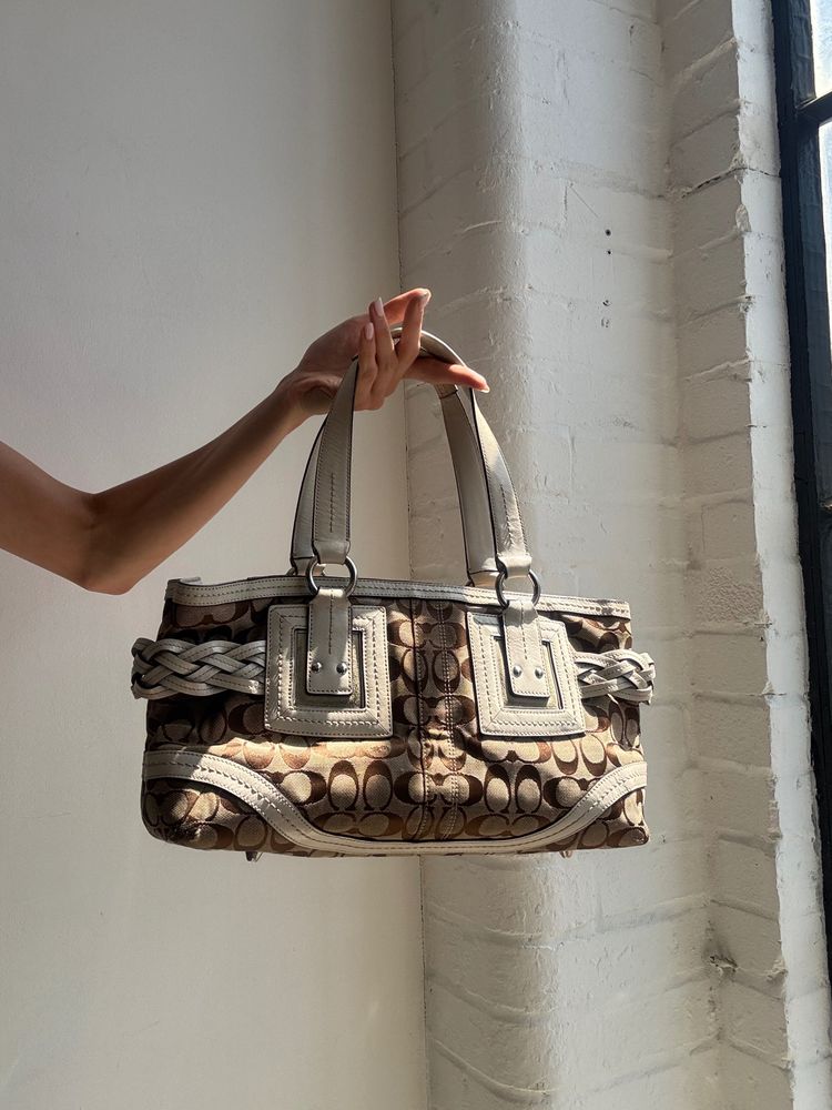 Immagine di Brown Coach Monogram Tote Bag With White Leather Accents 2