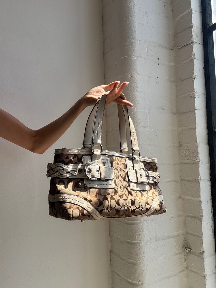 Brown Coach Monogram Tote Bag With White Leather Accents
