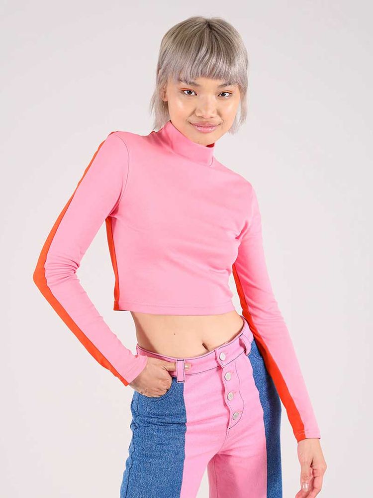 Bougie Crop Turtleneck Top, BCI Cotton, in Pink & Red