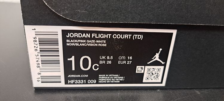 Jordan Flight Court (TD) UK 9.5 EUR 27 Black Pink Gaze White Brand New Full Box. image 7