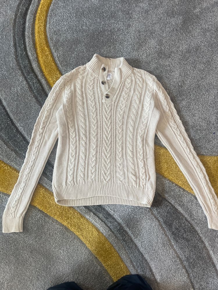 Cream Cable Knit Sweater With Button Collar