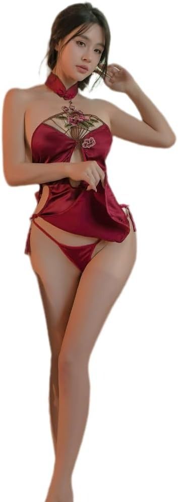 Red Satin Lingerie Dress With Floral Embroidery image 5