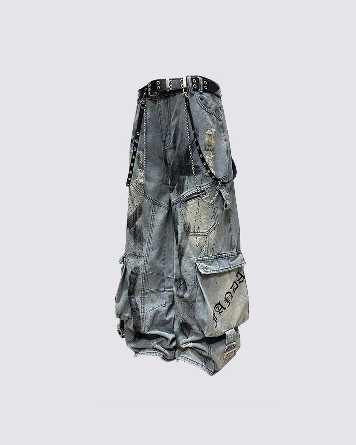 Grey Distressed Cargo Pants With Belt And Chains obraz 2