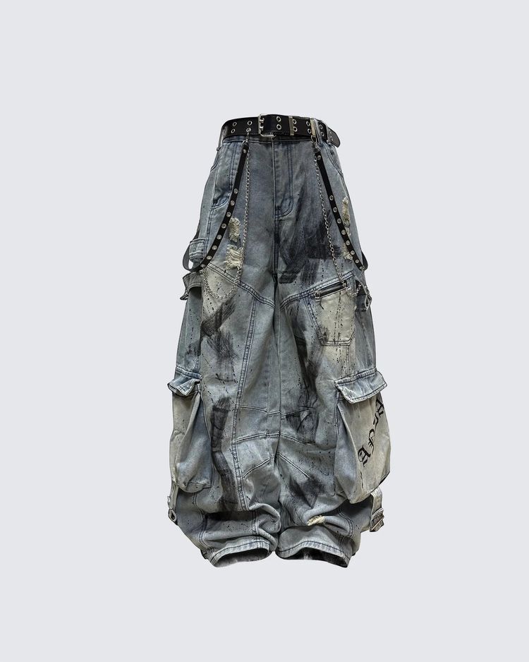 Grey Distressed Cargo Pants With Belt And Chains image 1