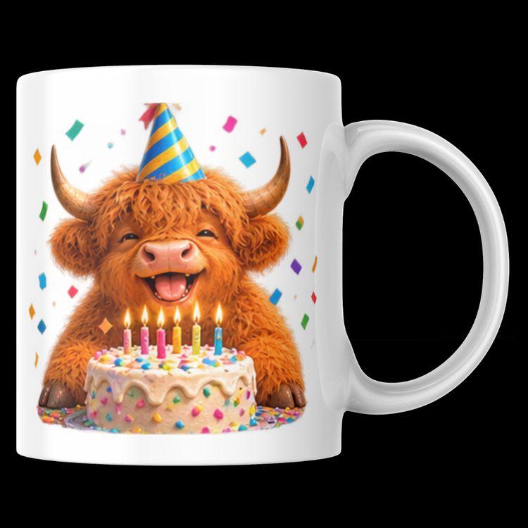 Festive Birthday Highland Cow Ceramic Coffee Mug – Cute Celebration Farm Animal Party Hat & Cake Tea Cup Gift (M1229)