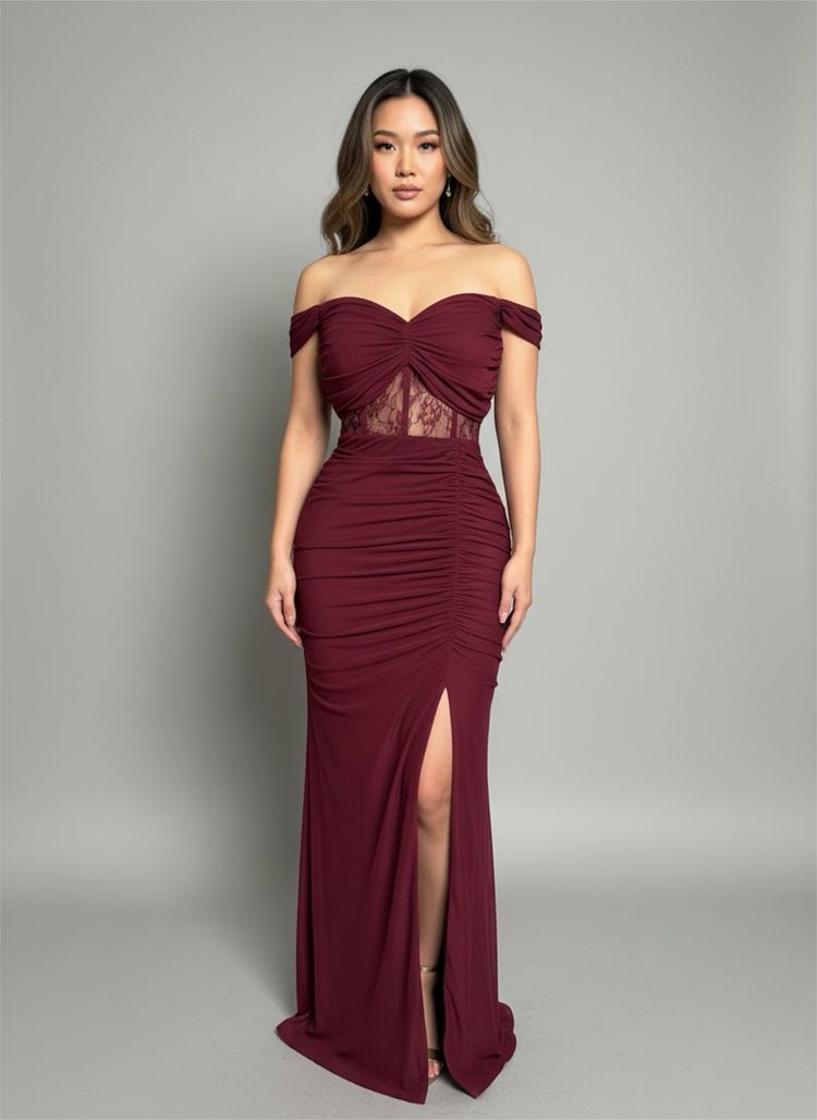 Lipsy London Burgundy Ruched Off-Shoulder Evening Dress